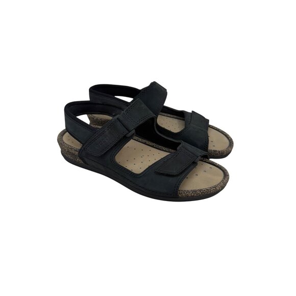 Ecco Cosmo Black Leather Cork Adjust Open Toe Sandals Shoe Womens sz 39 US 8-8.5 - Picture 1 of 9